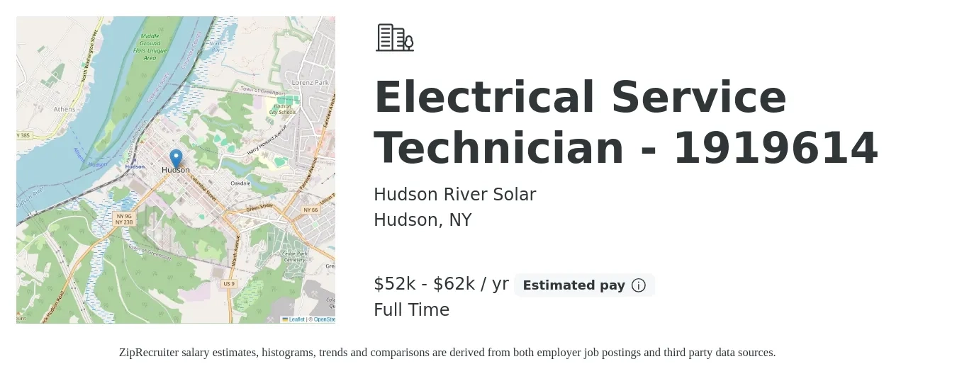 Hudson River Solar job posting for a Electrical Service Technician - 1919614 in Hudson, NY with a salary of $52,000 to $62,400 Yearly with a map of Hudson location.