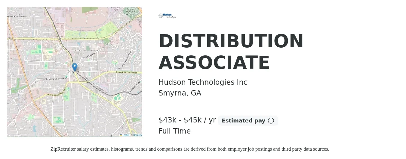 Hudson Technologies Inc job posting for a DISTRIBUTION ASSOCIATE in Smyrna, GA with a salary of $43,000 to $45,000 Yearly with a map of Smyrna location.