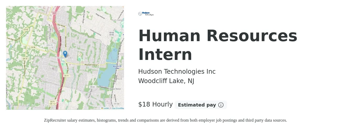 Hudson Technologies Inc job posting for a Human Resources Intern in Woodcliff Lake, NJ with a salary of $19 Hourly with a map of Woodcliff Lake location.