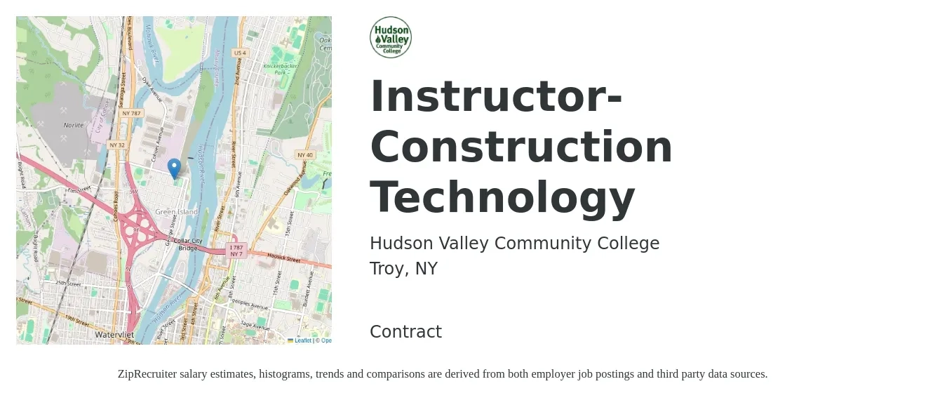 Hudson Valley Community College job posting for a Instructor-Construction Technology in Troy, NY with a salary of $48,981 Monthly with a map of Troy location.