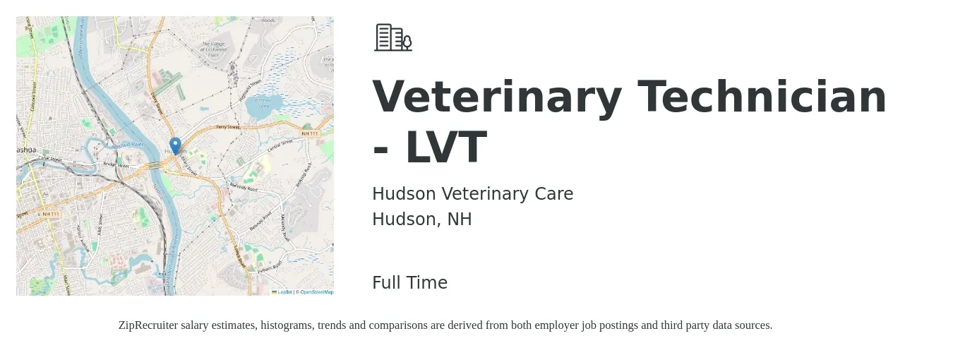 Hudson Veterinary Care job posting for a Veterinary Technician - LVT in Hudson, NH with a salary of $19 to $26 Hourly with a map of Hudson location.