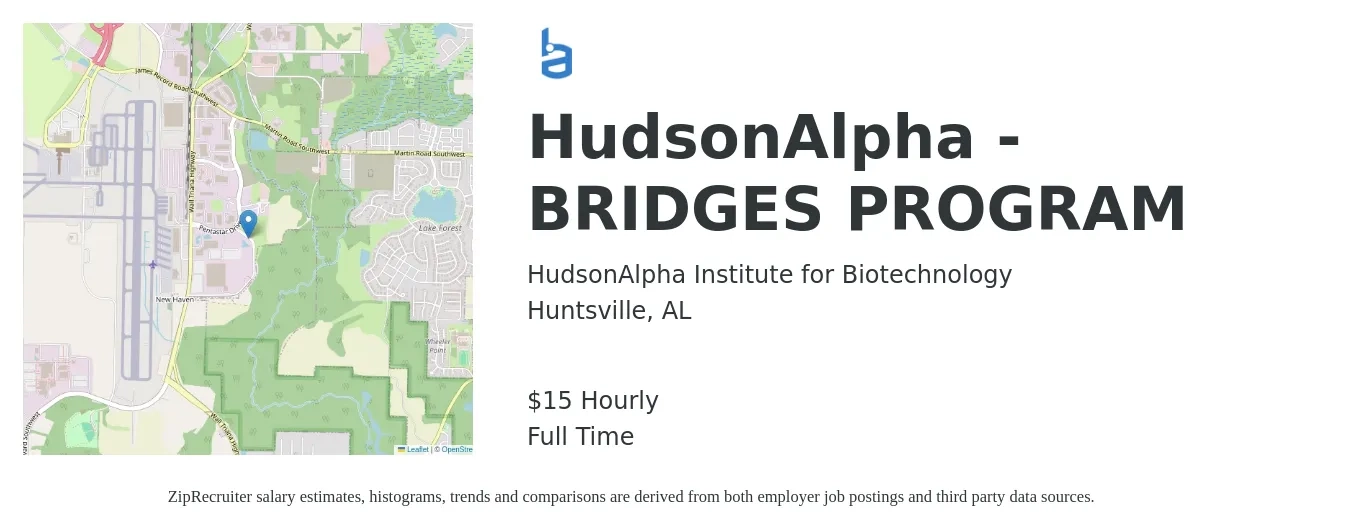 HudsonAlpha Institute for Biotechnology job posting for a HudsonAlpha - BRIDGES PROGRAM in Huntsville, AL with a salary of $16 Hourly with a map of Huntsville location.