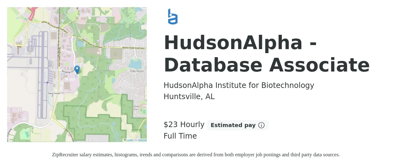 HudsonAlpha Institute for Biotechnology job posting for a HudsonAlpha - Database Associate in Huntsville, AL with a salary of $50,000 Yearly with a map of Huntsville location.