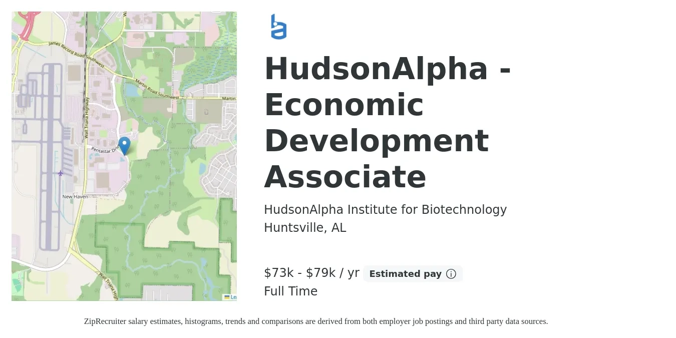 HudsonAlpha Institute for Biotechnology job posting for a HudsonAlpha - Economic Development Associate in Huntsville, AL with a salary of $73,000 to $79,000 Yearly with a map of Huntsville location.
