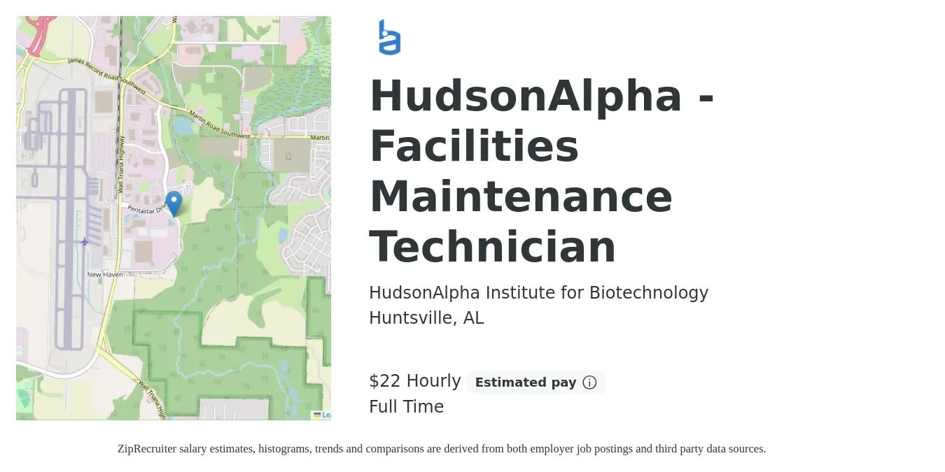 HudsonAlpha Institute for Biotechnology job posting for a HudsonAlpha - Facilities Maintenance Technician in Huntsville, AL with a salary of $23 Hourly with a map of Huntsville location.