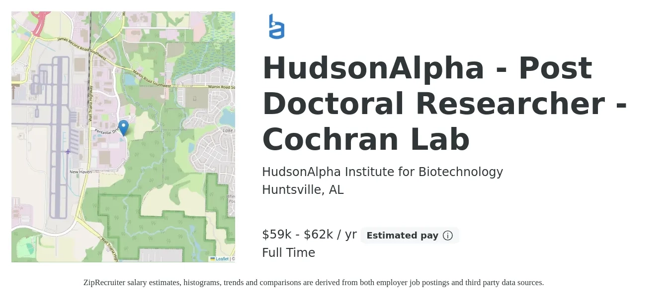HudsonAlpha Institute for Biotechnology job posting for a HudsonAlpha - Post Doctoral Researcher - Cochran Lab in Huntsville, AL with a salary of $59,000 to $62,500 Yearly with a map of Huntsville location.
