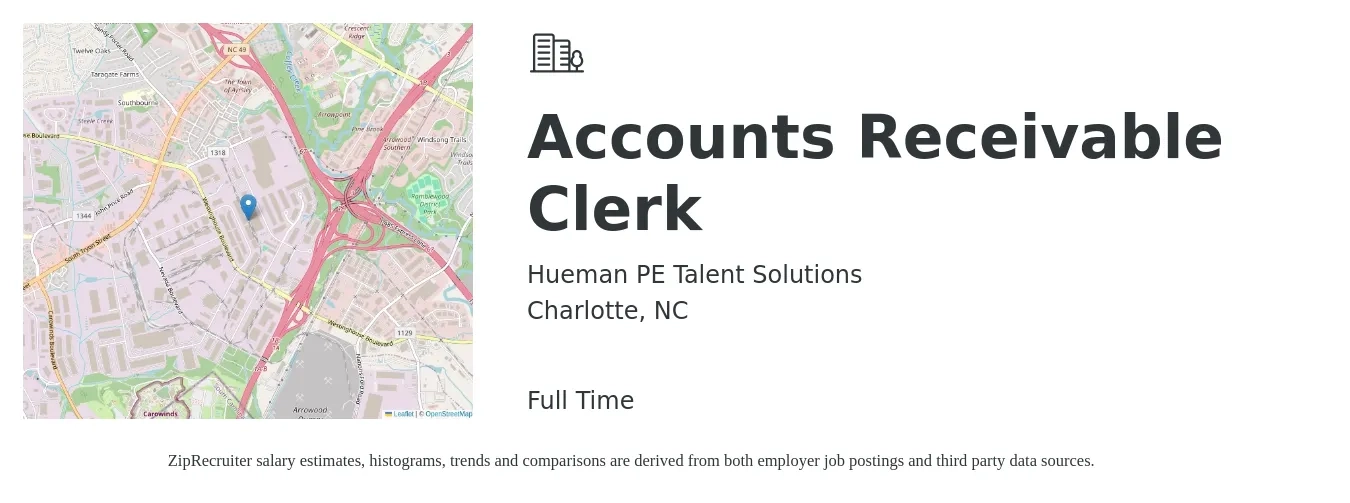 Hueman PE Talent Solutions job posting for a Accounts Receivable Clerk in Charlotte, NC with a salary of $18 to $22 Hourly with a map of Charlotte location.