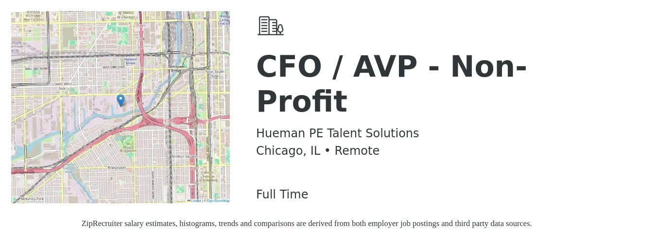 Hueman PE Talent Solutions job posting for a CFO / AVP - Non-Profit in Chicago, IL with a salary of $135,000 Yearly with a map of Chicago location.