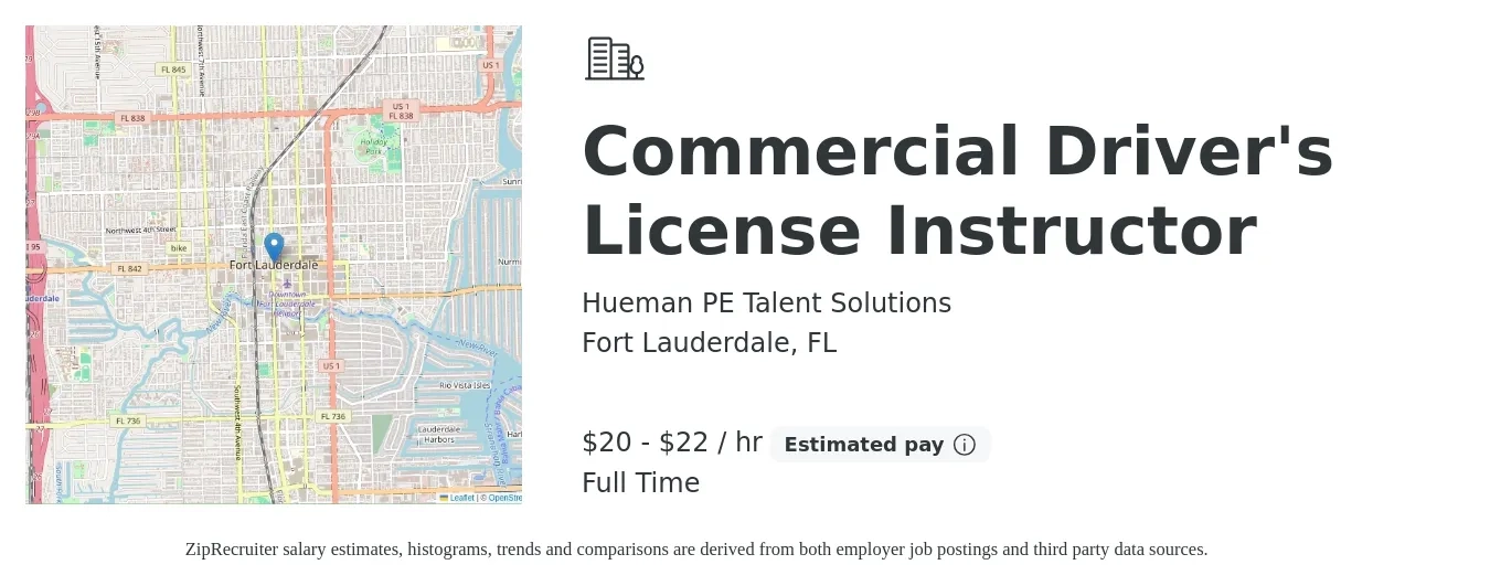 Hueman PE Talent Solutions job posting for a Commercial Driver's License Instructor in Fort Lauderdale, FL with a salary of $21 to $23 Hourly with a map of Fort Lauderdale location.