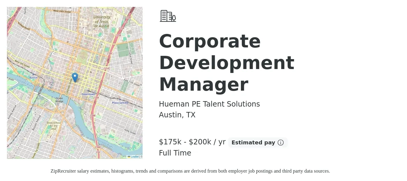 Hueman PE Talent Solutions job posting for a Corporate Development Manager in Austin, TX with a salary of $175,000 to $200,000 Yearly with a map of Austin location.