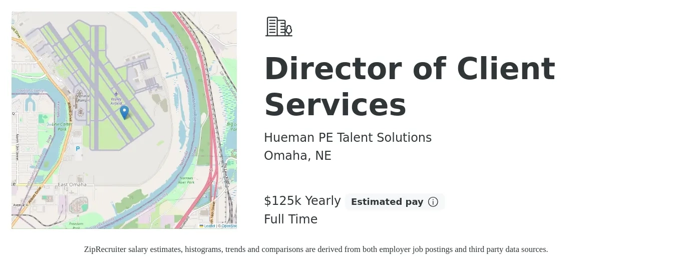 Hueman PE Talent Solutions job posting for a Director of Client Services in Omaha, NE with a salary of $125,000 Yearly with a map of Omaha location.