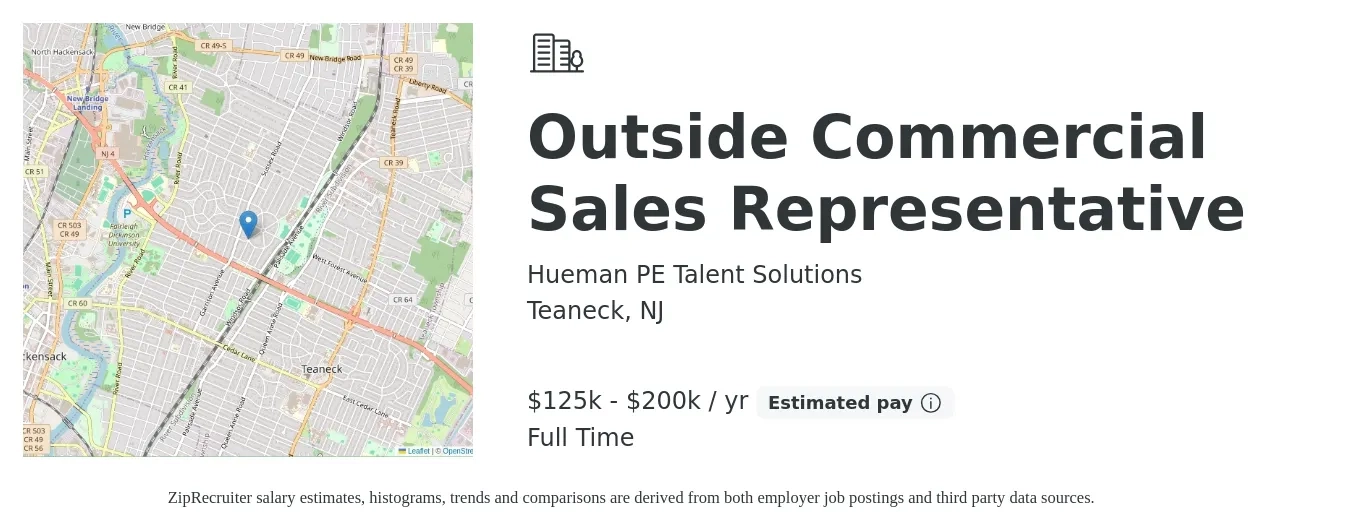 Hueman PE Talent Solutions job posting for a Outside Commercial Sales Representative in Teaneck, NJ with a salary of $125,000 to $200,000 Yearly with a map of Teaneck location.