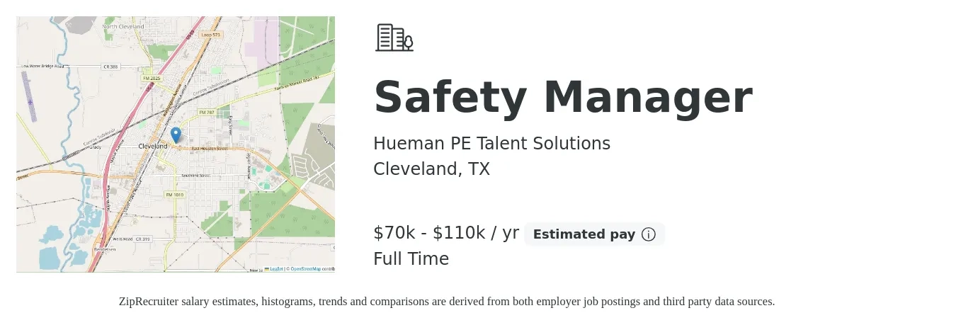 Hueman PE Talent Solutions job posting for a Safety Manager in Cleveland, TX with a salary of $70,000 to $110,000 Yearly with a map of Cleveland location.