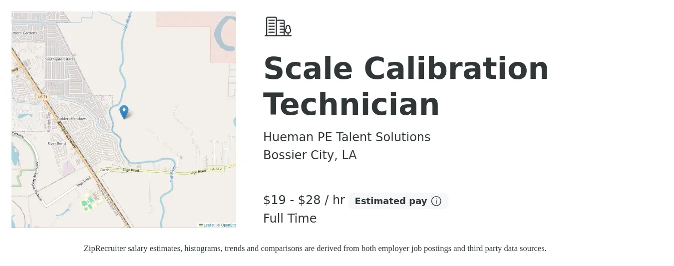 Hueman PE Talent Solutions job posting for a Scale Calibration Technician in Bossier City, LA with a salary of $16 to $23 Hourly with a map of Bossier City location.