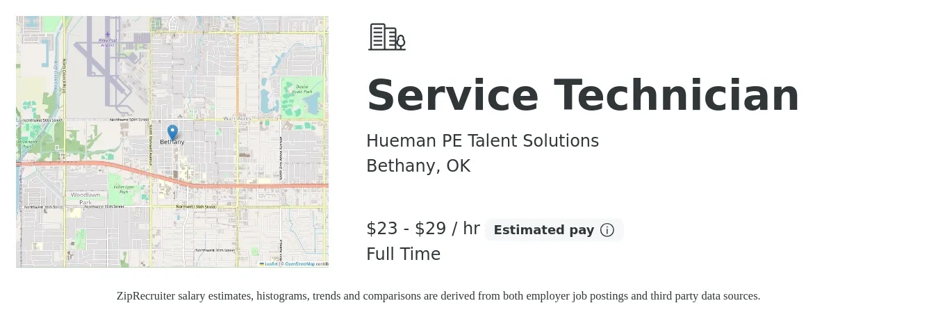 Hueman PE Talent Solutions job posting for a Service Technician in Bethany, OK with a salary of $24 to $31 Hourly with a map of Bethany location.