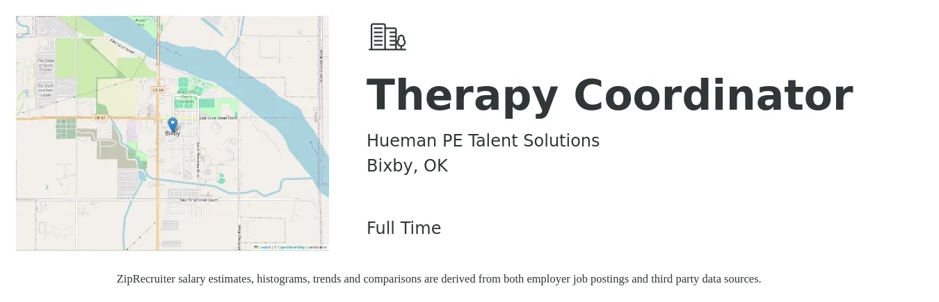 Hueman PE Talent Solutions job posting for a Therapy Coordinator in Bixby, OK with a salary of $54,300 to $63,500 Yearly with a map of Bixby location.