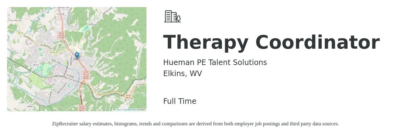 Hueman PE Talent Solutions job posting for a Therapy Coordinator in Elkins, WV with a salary of $50,800 to $59,400 Yearly with a map of Elkins location.