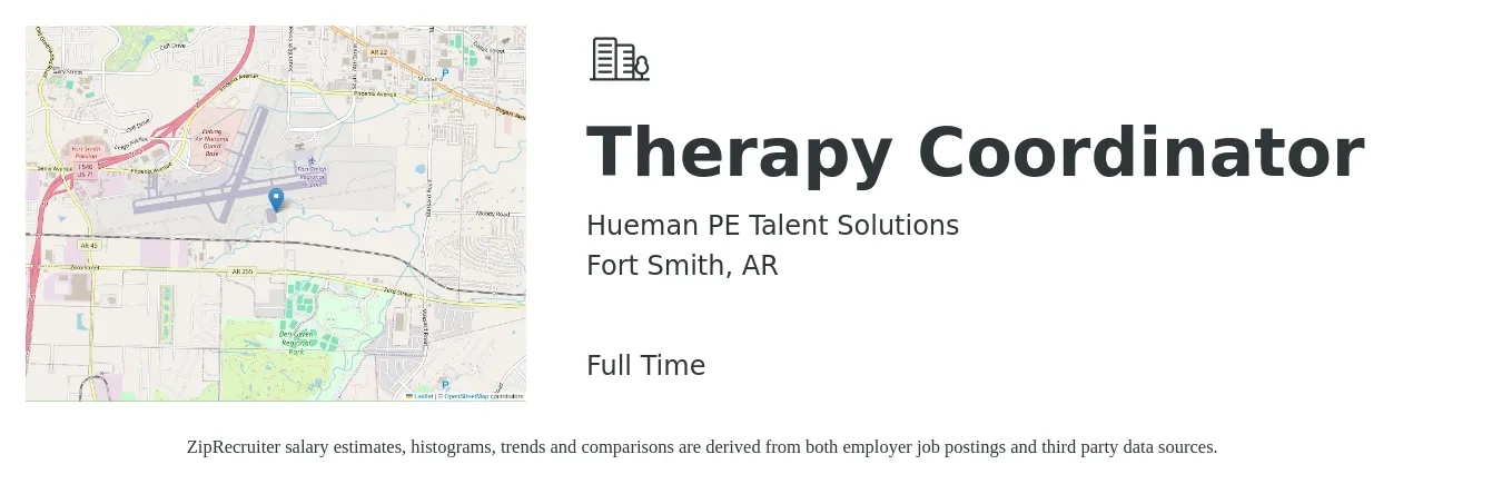 Hueman PE Talent Solutions job posting for a Therapy Coordinator in Fort Smith, AR with a salary of $57,400 to $67,100 Yearly with a map of Fort Smith location.