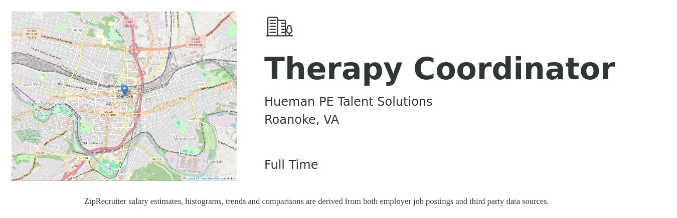 Hueman PE Talent Solutions job posting for a Therapy Coordinator in Roanoke, VA with a salary of $57,900 to $67,700 Yearly with a map of Roanoke location.