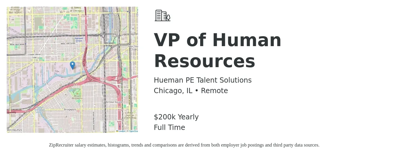 Hueman PE Talent Solutions job posting for a VP of Human Resources in Chicago, IL with a salary of $200,000 to $250,000 Yearly with a map of Chicago location.