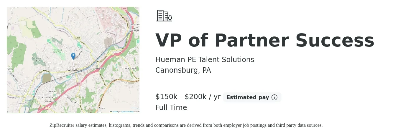 Hueman PE Talent Solutions job posting for a VP of Partner Success in Canonsburg, PA with a salary of $150,000 to $200,000 Yearly with a map of Canonsburg location.