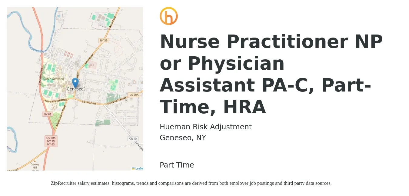 Hueman Risk Adjustment job posting for a Nurse Practitioner NP or Physician Assistant PA-C, Part-Time, HRA in Geneseo, NY with a salary of $90 to $115 Hourly with a map of Geneseo location.