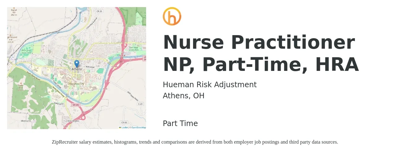 Hueman Risk Adjustment job posting for a Nurse Practitioner NP, Part-Time, HRA in Athens, OH with a salary of $85,400 to $118,600 Yearly with a map of Athens location.