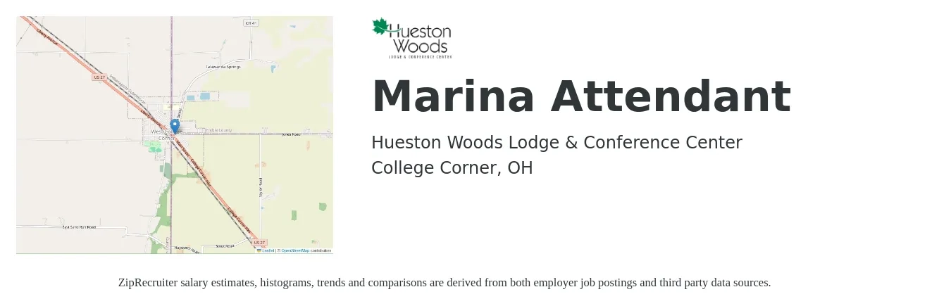 Hueston Woods Lodge & Conference Center job posting for a Marina Attendant in College Corner, OH with a map of College Corner location.