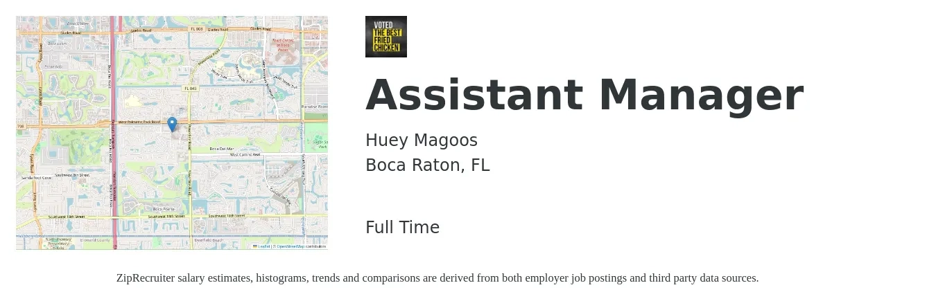 Huey Magoos job posting for a Assistant Manager in Boca Raton, FL with a salary of $16 to $24 Hourly with a map of Boca Raton location.