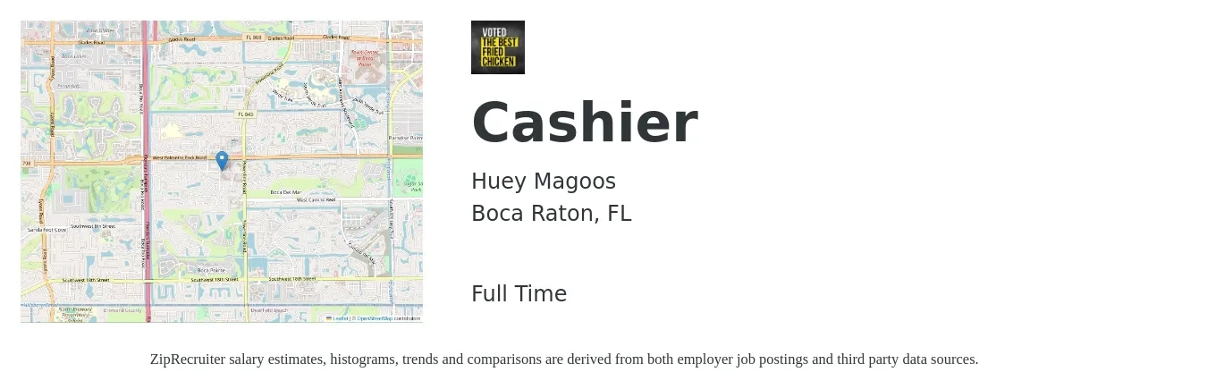 Huey Magoos job posting for a Cashier in Boca Raton, FL with a salary of $11 to $15 Hourly with a map of Boca Raton location.