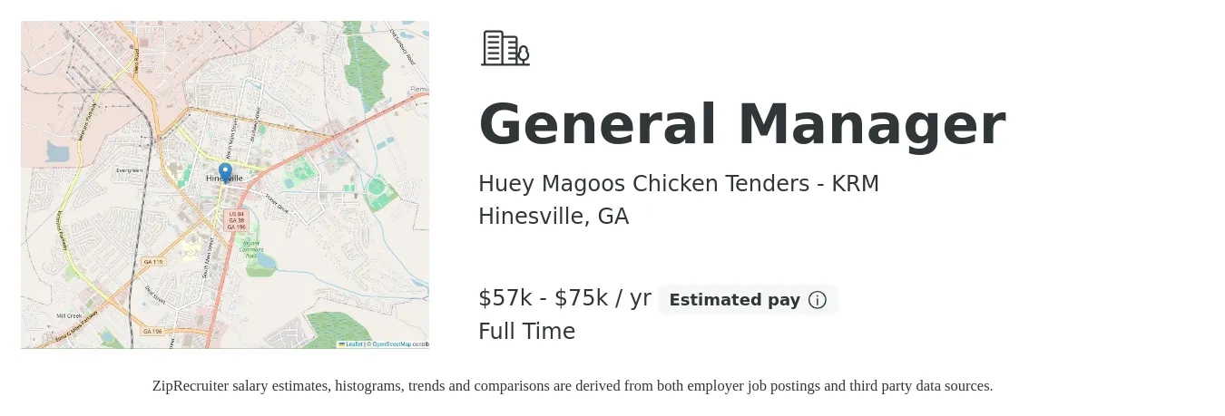 Huey Magoos Chicken Tenders - KRM job posting for a General Manager in Hinesville, GA with a salary of $57,000 to $75,000 Yearly with a map of Hinesville location.