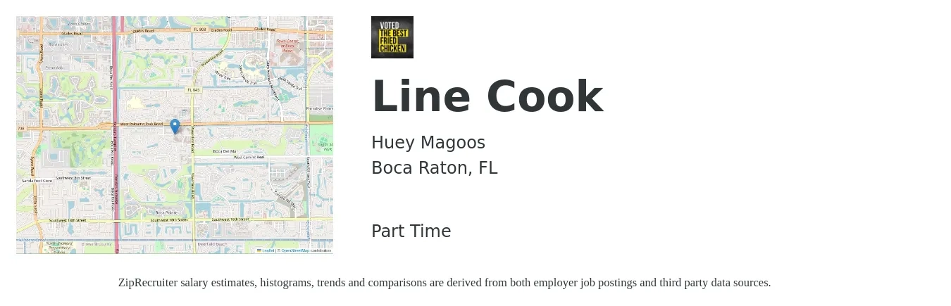 Huey Magoos job posting for a Line Cook in Boca Raton, FL with a salary of $15 to $19 Hourly with a map of Boca Raton location.