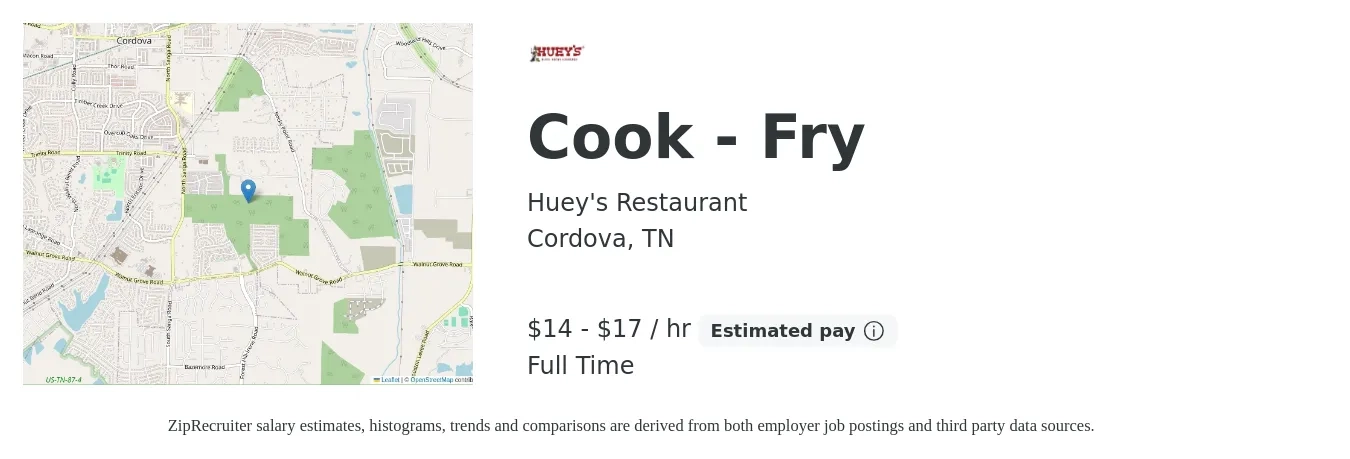 Huey's Restaurant job posting for a Cook - Fry in Cordova, TN with a salary of $15 to $18 Hourly with a map of Cordova location.