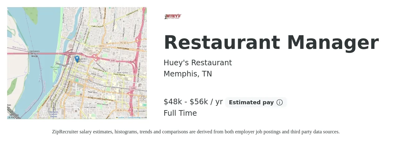 Huey's Restaurant job posting for a Restaurant Manager in Memphis, TN with a salary of $48,000 to $56,000 Yearly with a map of Memphis location.