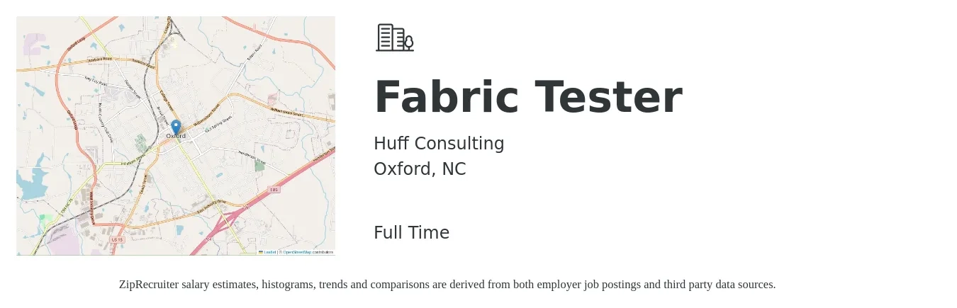 Huff Consulting job posting for a Fabric Tester in Oxford, NC with a salary of $20 to $48 Hourly with a map of Oxford location.