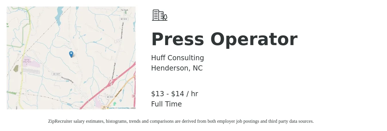 Huff Consulting job posting for a Press Operator in Henderson, NC with a salary of $14 to $15 Hourly with a map of Henderson location.