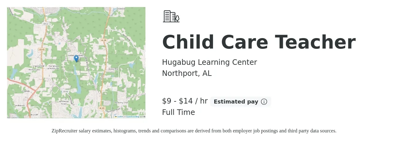Hugabug Learning Center job posting for a Child Care Teacher in Northport, AL with a salary of $10 to $15 Hourly with a map of Northport location.