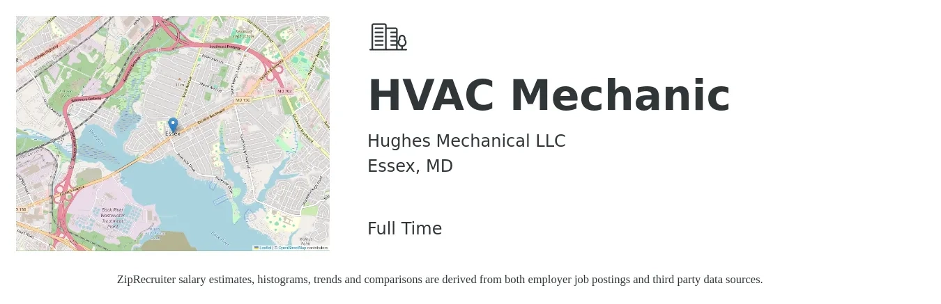 Hughes Mechanical LLC job posting for a HVAC Mechanic in Essex, MD with a salary of $23 to $32 Hourly with a map of Essex location.
