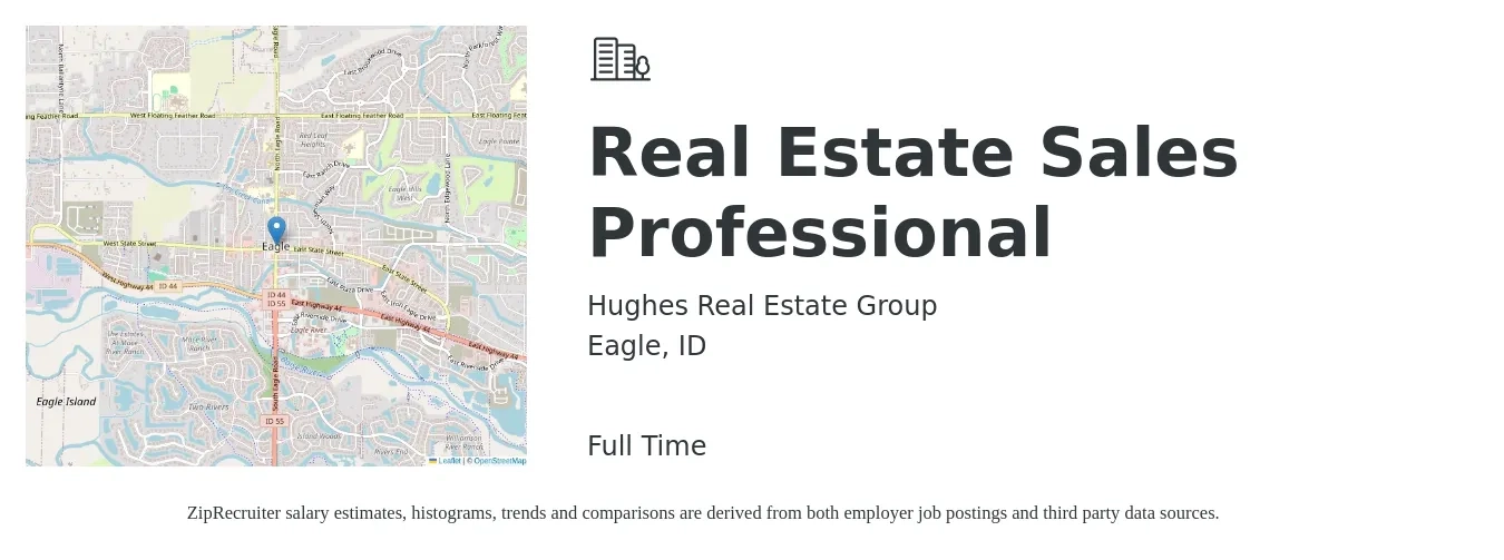 Hughes Real Estate Group job posting for a Real Estate Sales Professional in Eagle, ID with a salary of $78,400 to $105,100 Yearly with a map of Eagle location.