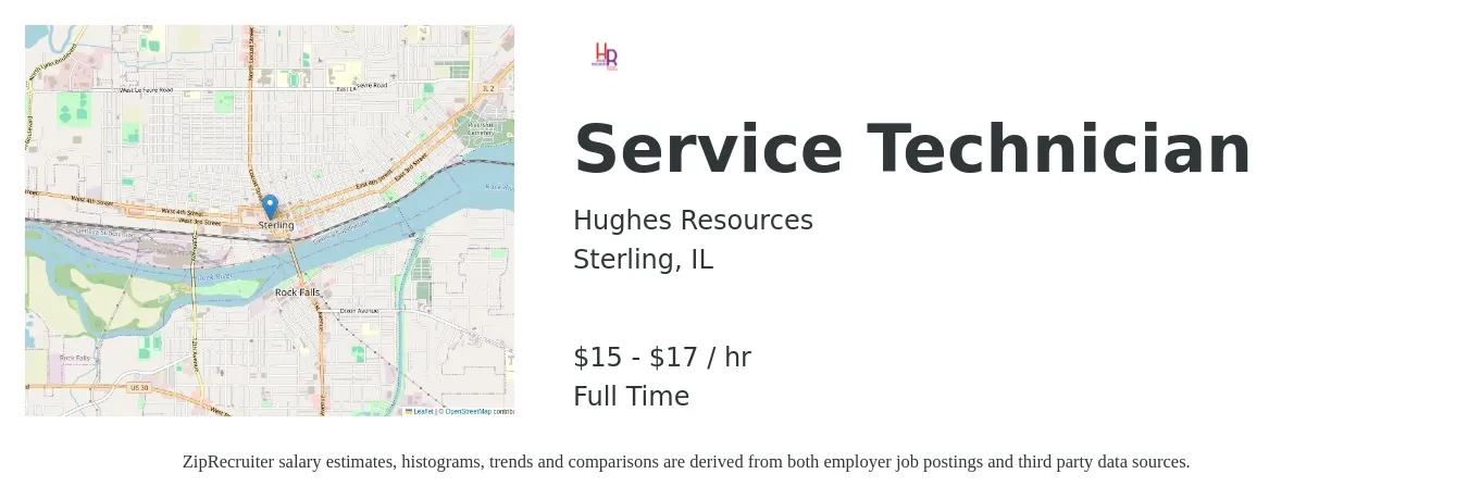 Hughes Resources job posting for a Service Technician in Sterling, IL with a salary of $16 to $18 Hourly with a map of Sterling location.