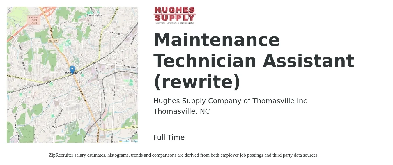Hughes Supply Company of Thomasville Inc job posting for a Maintenance Technician Assistant (rewrite) in Thomasville, NC with a salary of $14 to $18 Hourly with a map of Thomasville location.