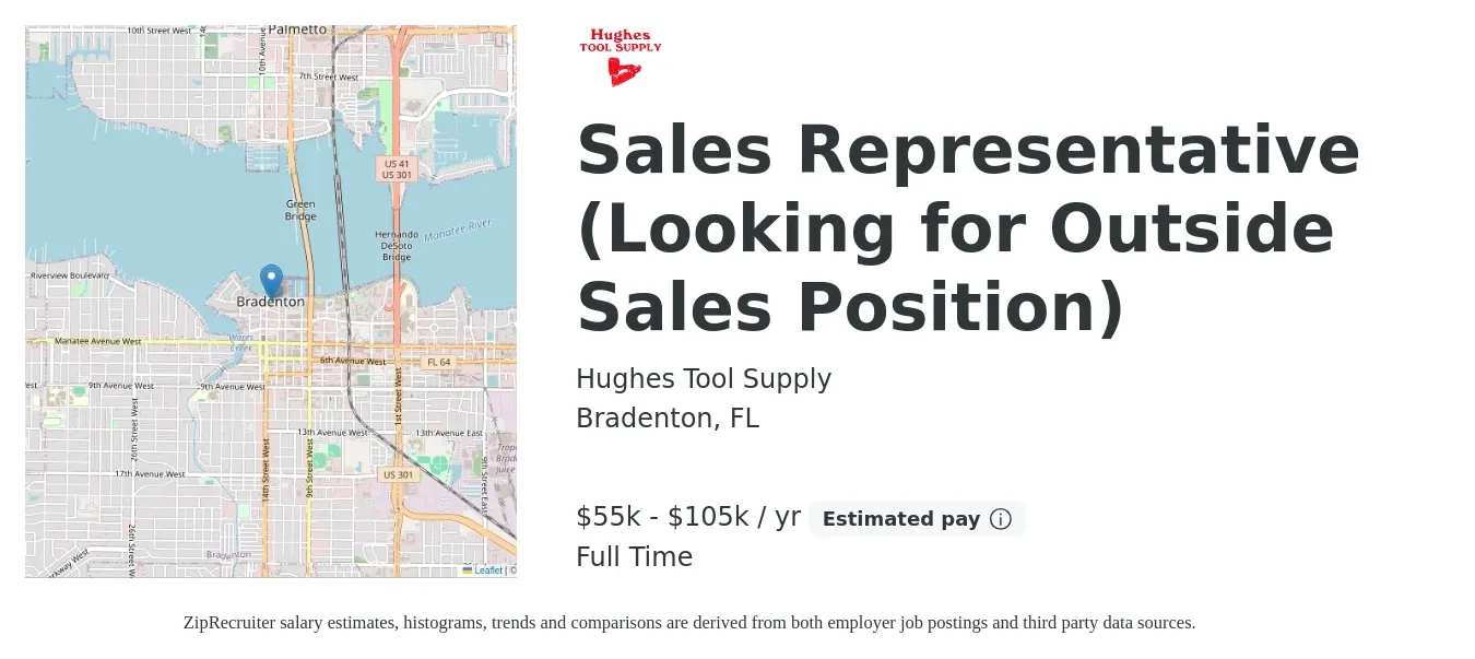 Hughes Tool Supply job posting for a Sales Representative (Looking for Outside Sales Position) in Bradenton, FL with a salary of $55,000 to $105,000 Yearly (plus commission) and benefits including retirement with a map of Bradenton location.