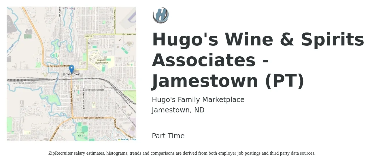 Hugo's Family Marketplace job posting for a Hugo's Wine & Spirits Associates - Jamestown (PT) in Jamestown, ND with a map of Jamestown location.