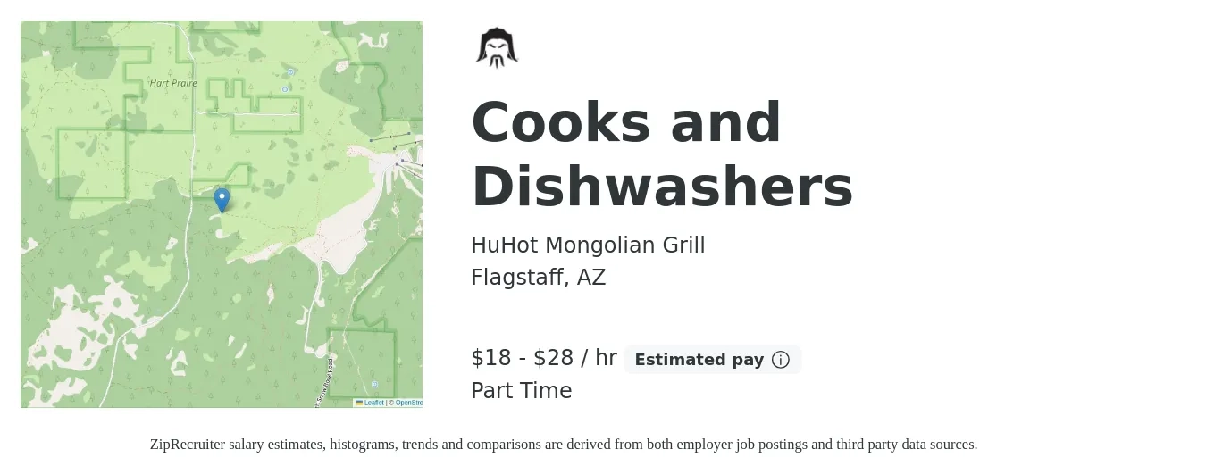 HuHot Mongolian Grill job posting for a Cooks and Dishwashers in Flagstaff, AZ with a salary of $19 to $30 Hourly with a map of Flagstaff location.