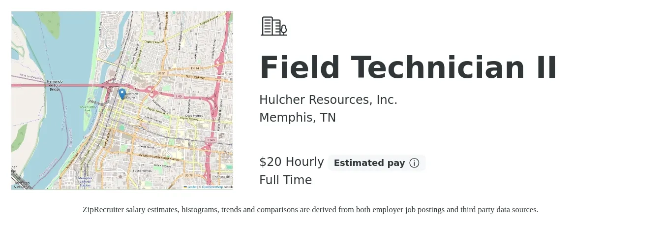 Hulcher Resources, Inc. job posting for a Field Technician II in Memphis, TN with a salary of $22 Hourly with a map of Memphis location.