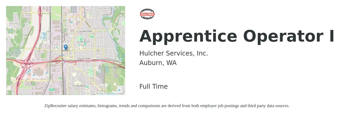 Hulcher Services, Inc. job posting for a Apprentice Operator I in Auburn, WA with a salary of $20 to $25 Hourly with a map of Auburn location.