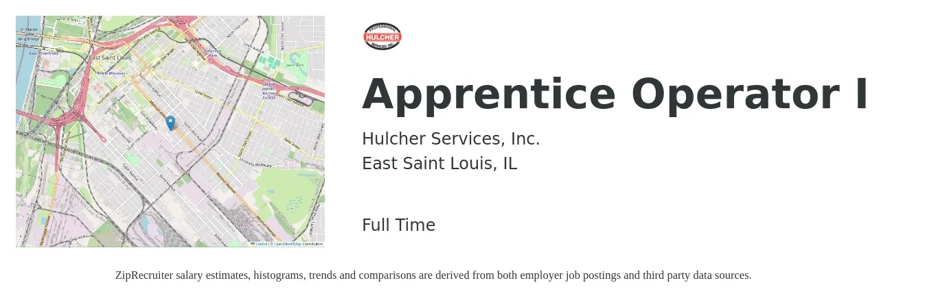 Hulcher Services, Inc. job posting for a Apprentice Operator I in East Saint Louis, IL with a salary of $17 to $21 Hourly with a map of East Saint Louis location.