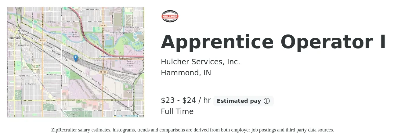 Hulcher Services, Inc. job posting for a Apprentice Operator I in Hammond, IN with a salary of $16 to $21 Hourly with a map of Hammond location.