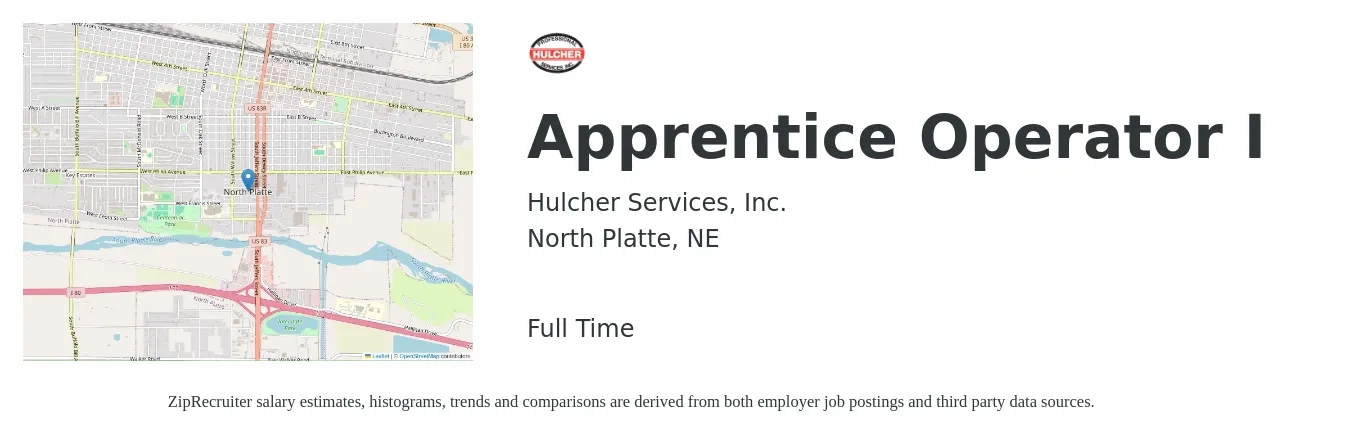 Hulcher Services, Inc. job posting for a Apprentice Operator I in North Platte, NE with a salary of $17 to $22 Hourly with a map of North Platte location.