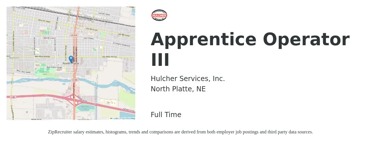 Hulcher Services, Inc. job posting for a Apprentice Operator III in North Platte, NE with a salary of $27 to $28 Hourly with a map of North Platte location.